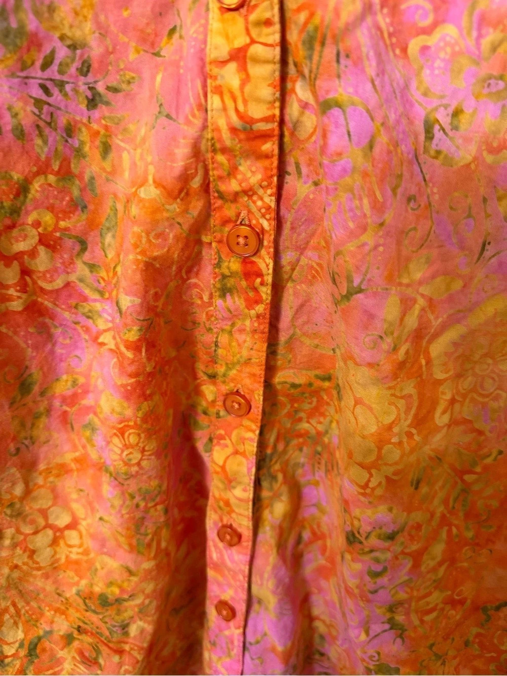 Catherines 1X Floral Button-Front Cotton Shirt Pink & Orange Lightweight - Picture 4 of 8